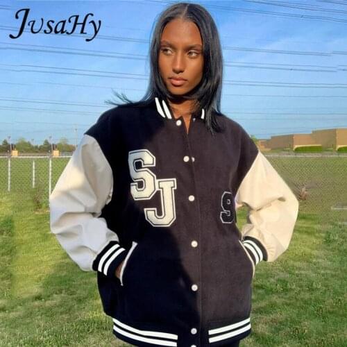 JuSaHy Autumn Letter Print Korean Harajuki Style Baseball Jacket for Women Fashion Full Sleeves Loose Casual High Streetwear New