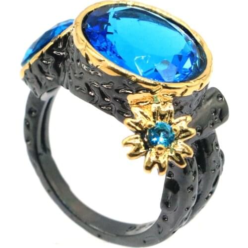 24x15mm Neo-Gothic Created 6g Paris Blue Topaz Pink Kunzite For Women Street Fashione Color Unique Cool Black Metal Silver Rings