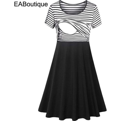 EABoutique maternity dresses Short sleeves round collar pleats and knee hem stretch pregnancy dress Q0304