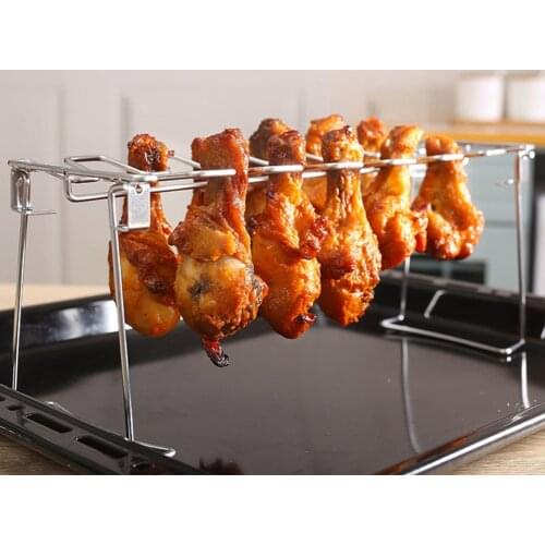 Portable Grilling Basket Mesh Clip 14 Slot Stainless Steel BBQ Rib Shelf Non-Stick Barbecue Chicken Wing Leg Rack
