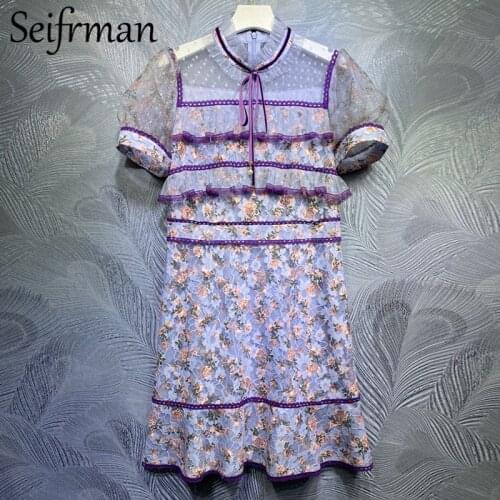 Seifrmann New 2021 Summer Women Fashion Runway Party Short Dress Lantern Sleeve Ruffles Lace Printed High Waist A-Line Dresses