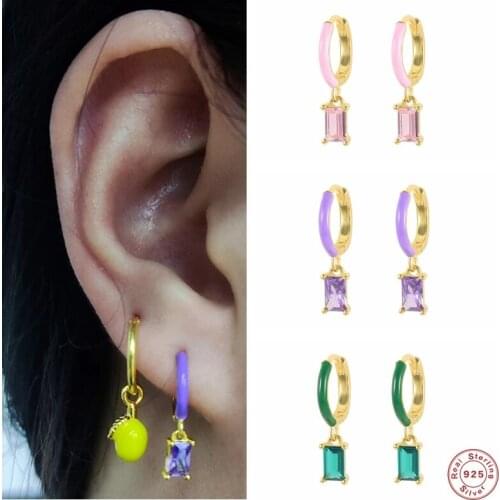 Aide 925 Sterling Silver Fashion Colored Square Zircon Pendant Dangle Earrings Purple Pink Enamel Circle Drop Earrings Jewelry