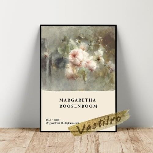 Margaretha Roosenboom Exhibition Poster, Roosenboom A Vase With Roses Oil Painting, Margaretha Vintage Flower Leaf Wall Picture