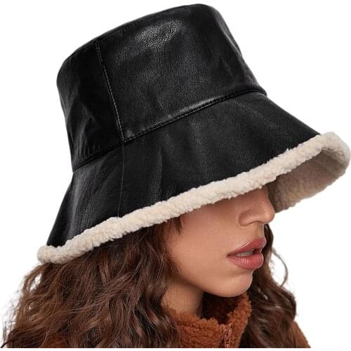 Women Warm Bucket Hats Autumn Winter Casual Style Black PU Leather Cap for Outdoor
