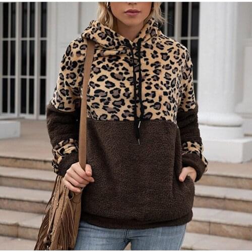 Women Leopard Sweatshirts Autumn Winter Drawstring Hooded Top Lace Up Zipper Hoodie Sweashirts Loose Warm Coat Polerones Mujer