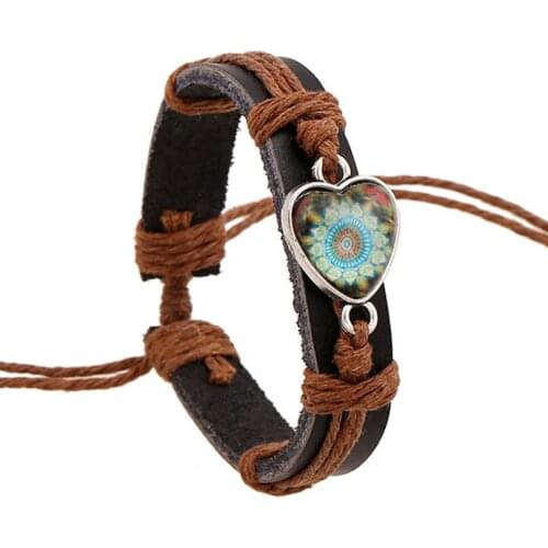 Vintage Fashion Heart Flower Women Bracelet Handmade Cuff Genuine Leather Lotus Charm Wrap Bangle Wristbands Retro Girls Jewelry