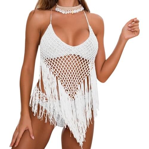 Women Tassel Swimsuit Sleeveless Blouse High-waist Briefs Hand-woven Sexy Hollow Summer Clothing For Summer Beachwear