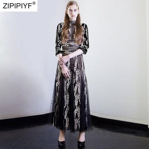 2021 Summer Runway Fashion Hollow Out Embroidery Three Quarter Sleeve High Waist Stand Neck Ball Gown Vintage Dresses Z407