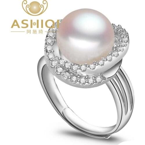 ASHIQI Real 925 Sterling Silver Ring 10-11mm Big Natural Freshwater Pearl Jewelry for Women Weddings & Events