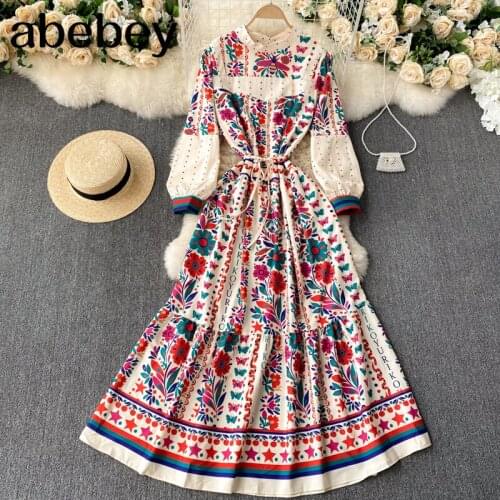 2021 Temperament Fashion New Spring Temperament Round Neck Lantern Sleeve Slimming Maxi Vestidos Female Retro Print Dress