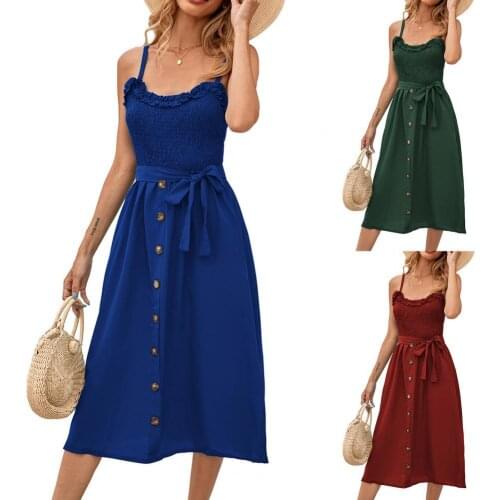 Women Dress Off Shoulder Ruffles Summer Suspender Buttons Lace-up Dress French Dresses for Party