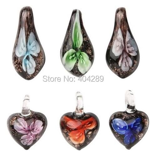 12pcs/lot Charming Noctilucent Heart Lampwork Glass Pendants Flower Murano Glass Charms for Necklace Earrings
