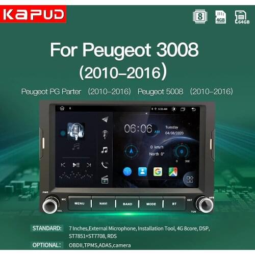 Kapud 7'' GPS Car Multimedia Video Player Android 10 For Peugeot 3008/Peugeot Pg Parter/Peugeot 5008/Citroen Berlingo 2010-2016