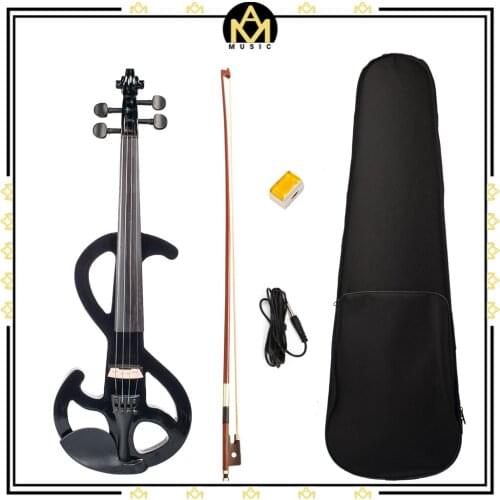Black Solidwood Body Electric Violin Set w/ Canvas Case+Brazilwood Bow+Rosin+Audio Cable+Headphone Beginner Use