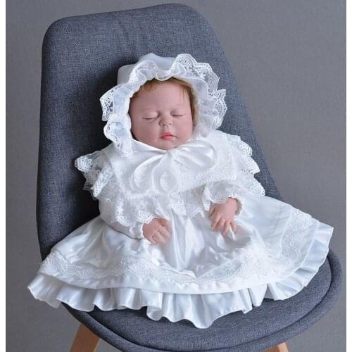 Baby Girls White Baptism Outfits Dress Infant Toddler Lace Christening Gown+Hat First Birthday Spanish Dresses for Newborn Baby
