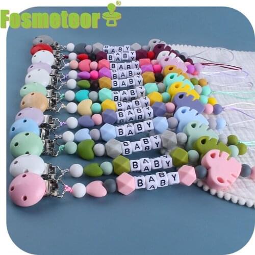 Fosmeteor Personalized Name Pacifier Clips Nipple Holder Leaf Silicone Teether Beads Teething Toy Hang Strap Lollipop Attachme