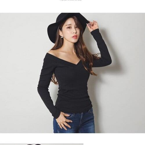 Vetement Femme 2019 Tshirts Cotton Women Korean Clothes Sexy Deep V-Neck T-Shirt Long Sleeve Casual T Shirt Female Womens Tops