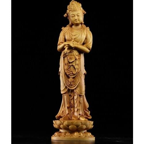 20CM Guanyin Bodhisattva Statue Traditional Craft Huangyang Wood Carving Craft Boutique BoguTang Dynasty Style Buddha Decoration