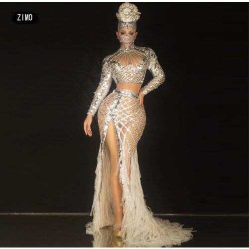 2 pieces Sequins long skirt and top sets high split sheer mesh sexy backless Women Prom Birthday Party club Stage Dance Costume