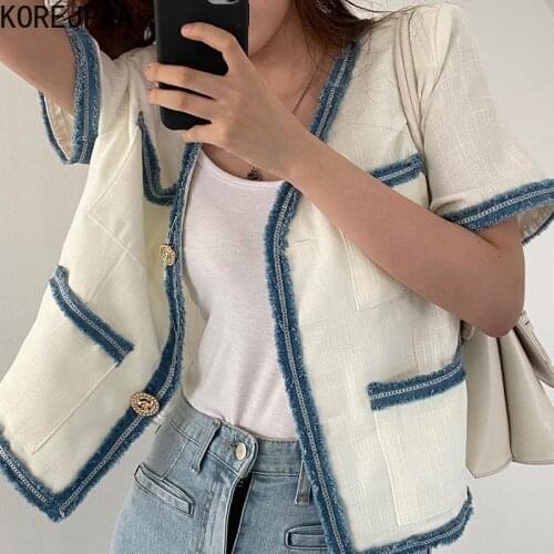 Korejpaa Women Jackets 2021 Summer Korean Chic All-match V-Neck Button Denim Blue Fringe Stitching Multi-Pocket Short Jacket
