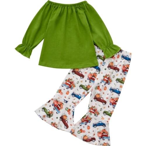 2Pcs Halloween Little Girls Outfit, Spring Autumn Solid Color Off Shoulder Long Sleeve Tops + Car Printing Bell-bottomed Pants