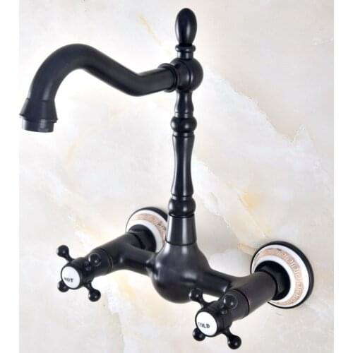 Black Oil Rubbed Antique Brass Bathroom Kitchen Sink Basin Faucet Mixer Tap Swivel Spout Wall Mounted Dual Cross Handles mnf466