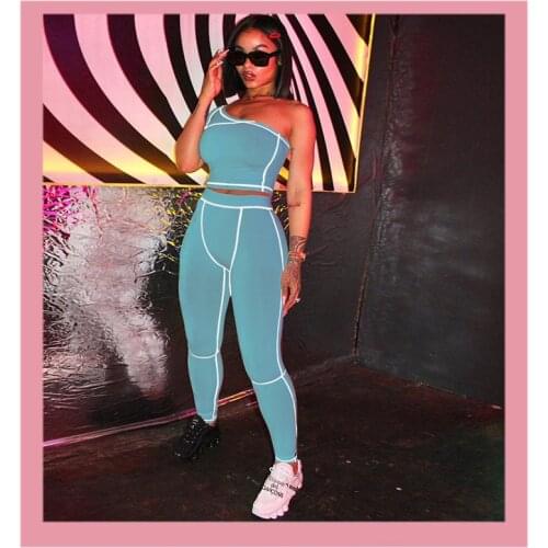 Summer Striped Tracksuit Fitness Single Shoulder Sexy Crop Top and Sweatpants Womens 2 Piece Sets Outfits Clothes Ropa De Mujer