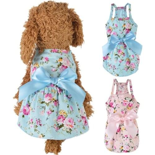 Summer Dog Dress Cotton Blue Sling Dog Skirt Bowknot Shirt Clothes Birthday Small Puppy Breathable Cool Dress For Dogs