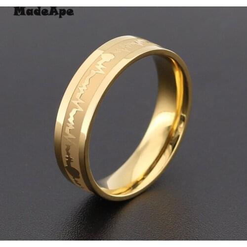 MadApe ECG Couple Ring Gold Color Titanium Stainless Steel Width 6mm Women Weddding Ring For Women Men Engagenemt Ring Jewelry