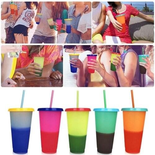5 Colors Reusable Plastic Tumbler with Lids and Straws Temperature Color Changing Cold Cup Summer Drink Water Bottle 20pcs/lot