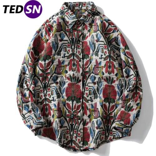 2020 Hip Hop Retro Ethnic Embroidery Long Sleeve Shirts Mens Harajuku National Style Knitted Shirt Streetwear Snap Button Shirt