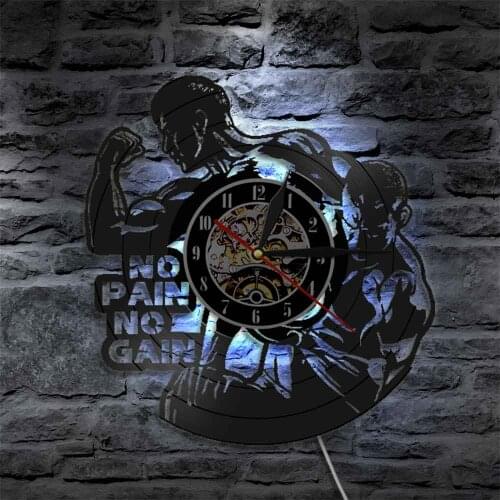 No Pain No Gain Wall Art Clock Workout Quote Garage Gym Wall Decor Bodybuilding Vinyl Record Clock Bodybuilders Fitness Gift