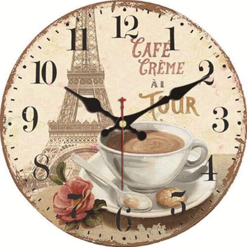 Large 16inch Silent Wall Watches Cafe Cream Ai Tour Vintage Wooden Wall Clock for Living Room Flower Kitchen Watch Wall Clock
