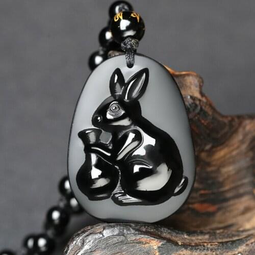 Natural Black Obsidian Beads Necklace Hand-Carved Zodiac Rabbit Jade Pendant Charm Auspicious Jewelry for Man Women Amulet Gifts