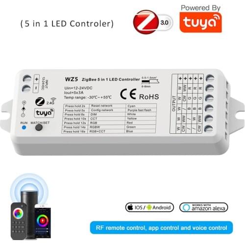 TUYA Zigbee Led Controller DC12V 24V 5in1 Dimmer CCT RGB RGBW RGBWW RGBCCT Strip TUYA Smart Life APP Echo Plus Voice Control