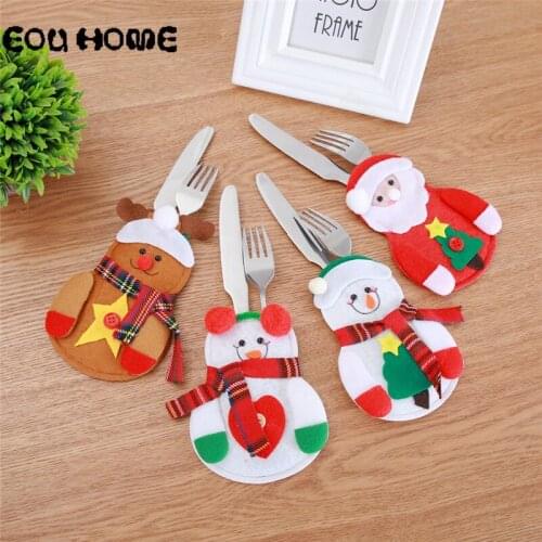 Christmas Dinner Table Mats Cutlery Fork Knif Holder Case Pads Decoration for Home Snowman Santa Claus Knife Fork Bag