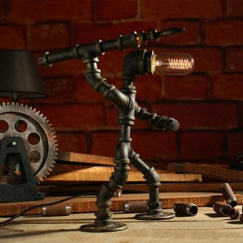 SGROW Robot Design Desk Light Loft Iron Pipe Table Lamp with Edison Bulb Industrial Vintage Water Pipe Lampara Lighting Fixtures