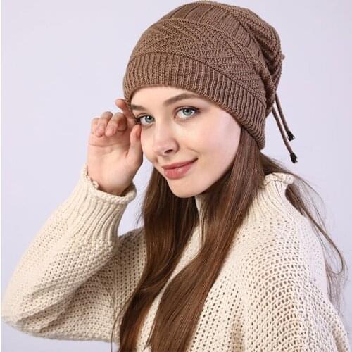 2021 Knitted Skullies Beanies Hat Fashion Women Stretchy Hat Solid Snood Scarf Warm Beanie Womem Autumn Winter Female Beanie Cap