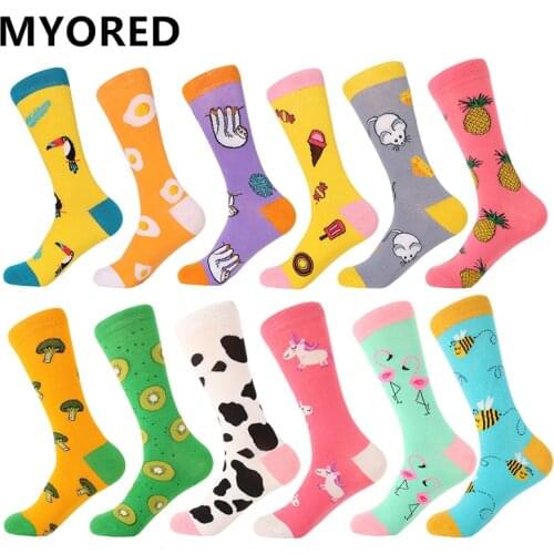 MYORED 12pairs/Lot men funny combed cotton cartoon animal dog fruit optic filled colored business dressing socks christmas gift