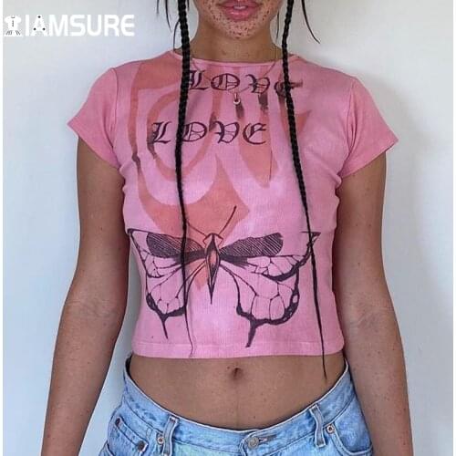 IAMSURE Butterfly Pattern T Shirt Women Casual Basic Short Sleeve Tees Sweet Cute O-Neck Crop Tops 2021 Summer Y2K Streetwear