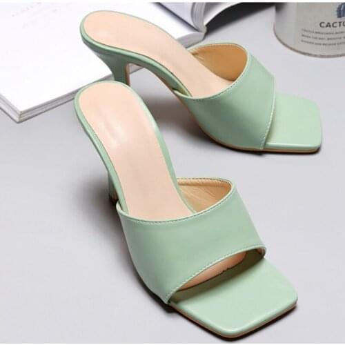 2021 Brand Design Women Slippers Elegant Square Toe Thin High Heels 9CM Slippers Summer Outdoor Beach Slides Shoes