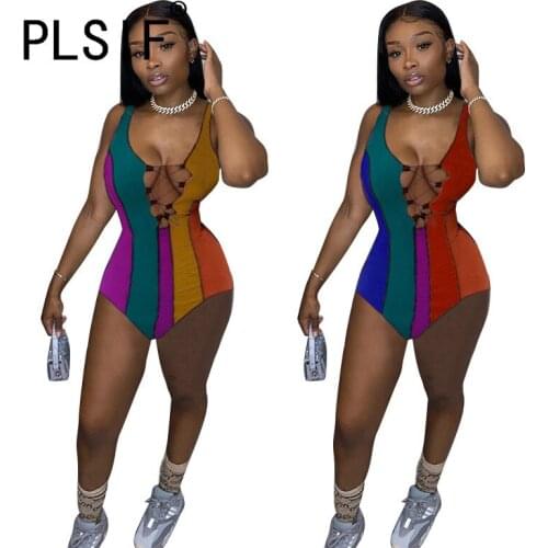 Women Print Sexy Jumpsuit Lace Up Sleeveless Bodysuit Sexy One Piece Club Overalls For Woman