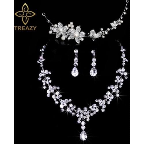 TREAZY Fashion Design Flower Crystal Pearl Bride 3pcs Set Necklace Earrings Headband Tiara Bridal Wedding Jewelry Set For Women