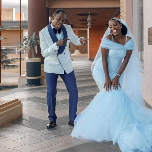 Spaghetti Strap Mermaid Wedding Dresses with Pearls Tulle Bottom Bridal Gown Plus Size Africa Vestido De Novia