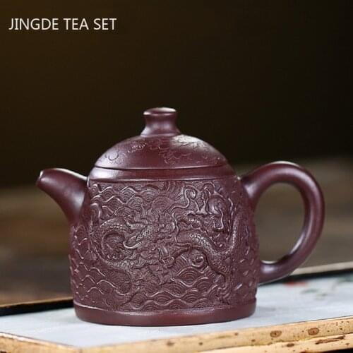 Authentic Yixing Tea Pots Hand Carved Dragon Pattern Purple Clay Teapot Beauty Kettle Chinese Teaware Gifts Tie Guanyin 240ml