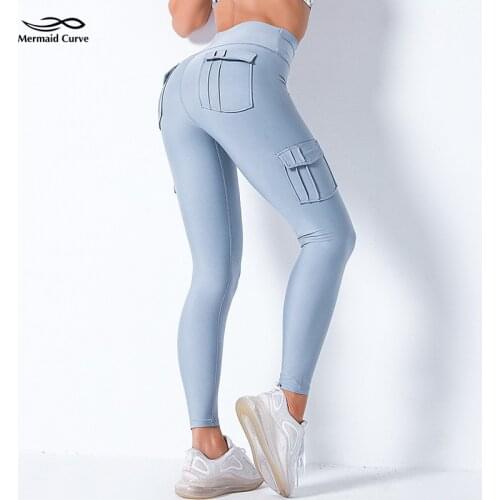 Mermaid Curve Cargo Pants Style Gym Leggings Pocket Patchwork High Waist Fitness Leggings Womens Running Workout Trousers
