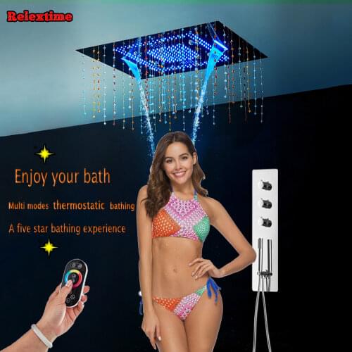Crystal Pendant LED Ceiling Shower Head Concealed Thermostatic Shower Set Panel Faucet Mixer Ducha Wasserhahn Tap Shower System