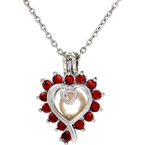 K1063 Silver Heart Red Rhinestone Beads Pearl Cage Pendant Chain Aroma Essential Oil Diffuser Locket Necklace