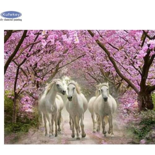 Full Drill Square 5D Diamond Painting Horse Garden Cross Stitch Diamond Embroidery Cherry Blossoms Wall Stickers Home Decor