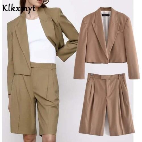 Klkxmyt Za 2 Piece Set Women Fashion Cardigan Long Sleeve Short Blazer Coat Female Office Wear Casual Shorts Women Sets